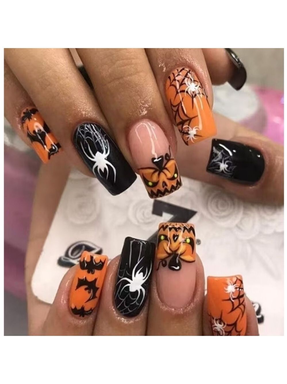 2/$10 Halloween Spider & Pumpkin False Nail Set - Orange & Black